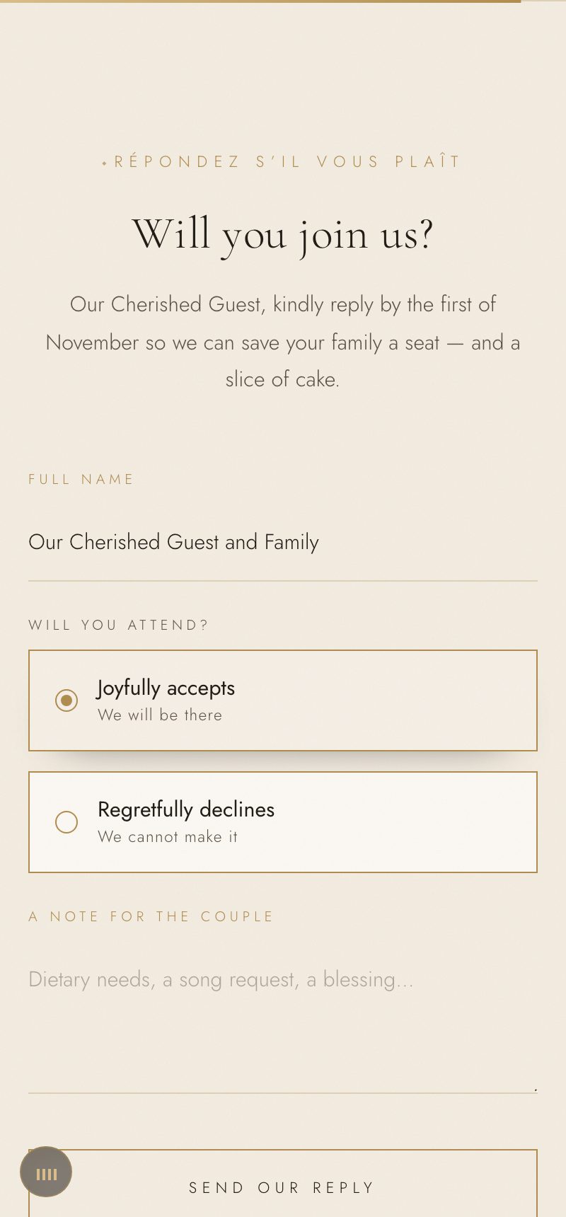 The invitation's the reply screen